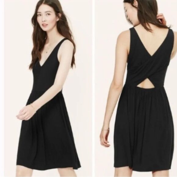 LOFT Dresses & Skirts - LOFT Knit Crossover Back V Neck Sleeveless Fit Flare Dress Cute Black Sz 6 New
